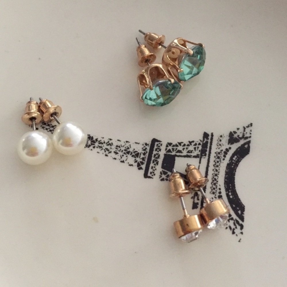 Green Tourmaline + Pearl Stud Earring Trio Set